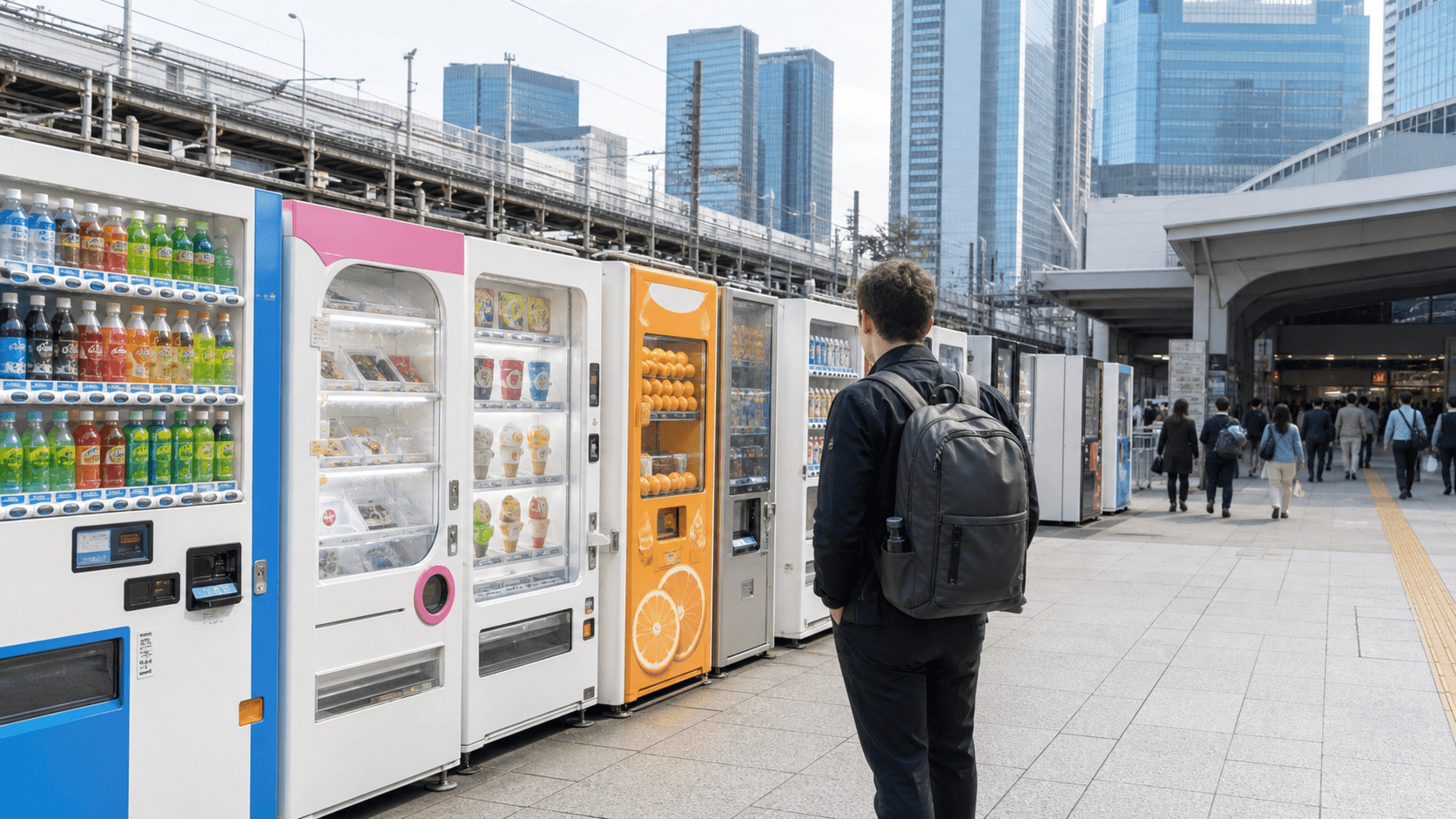 A traveler comparing several types of vending machines near a Tokyo station
