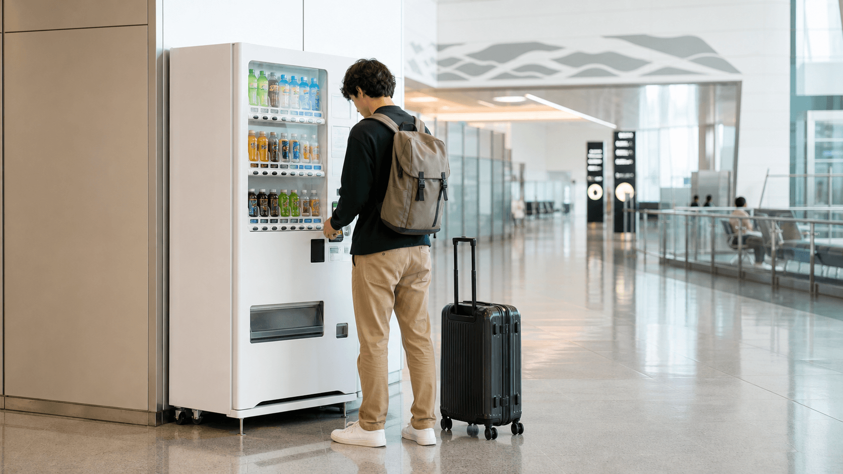 A traveler using a beverage vending machine in a modern Japanese airport terminal