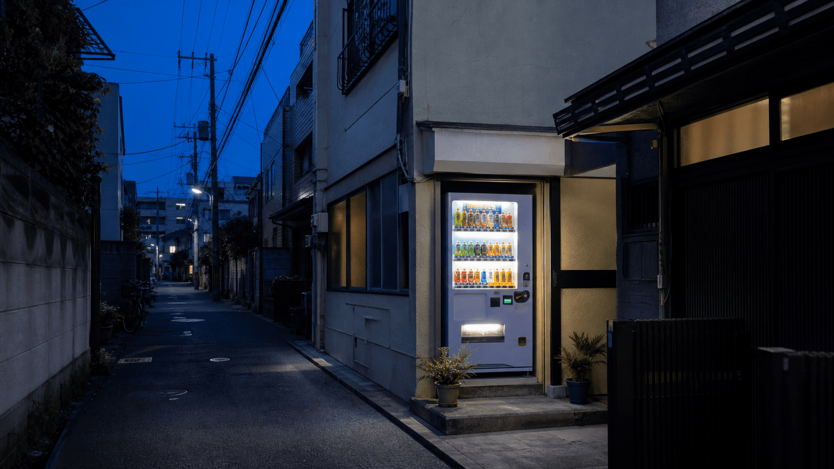 A brightly lit vending machine tucked into a quiet Tokyo side street