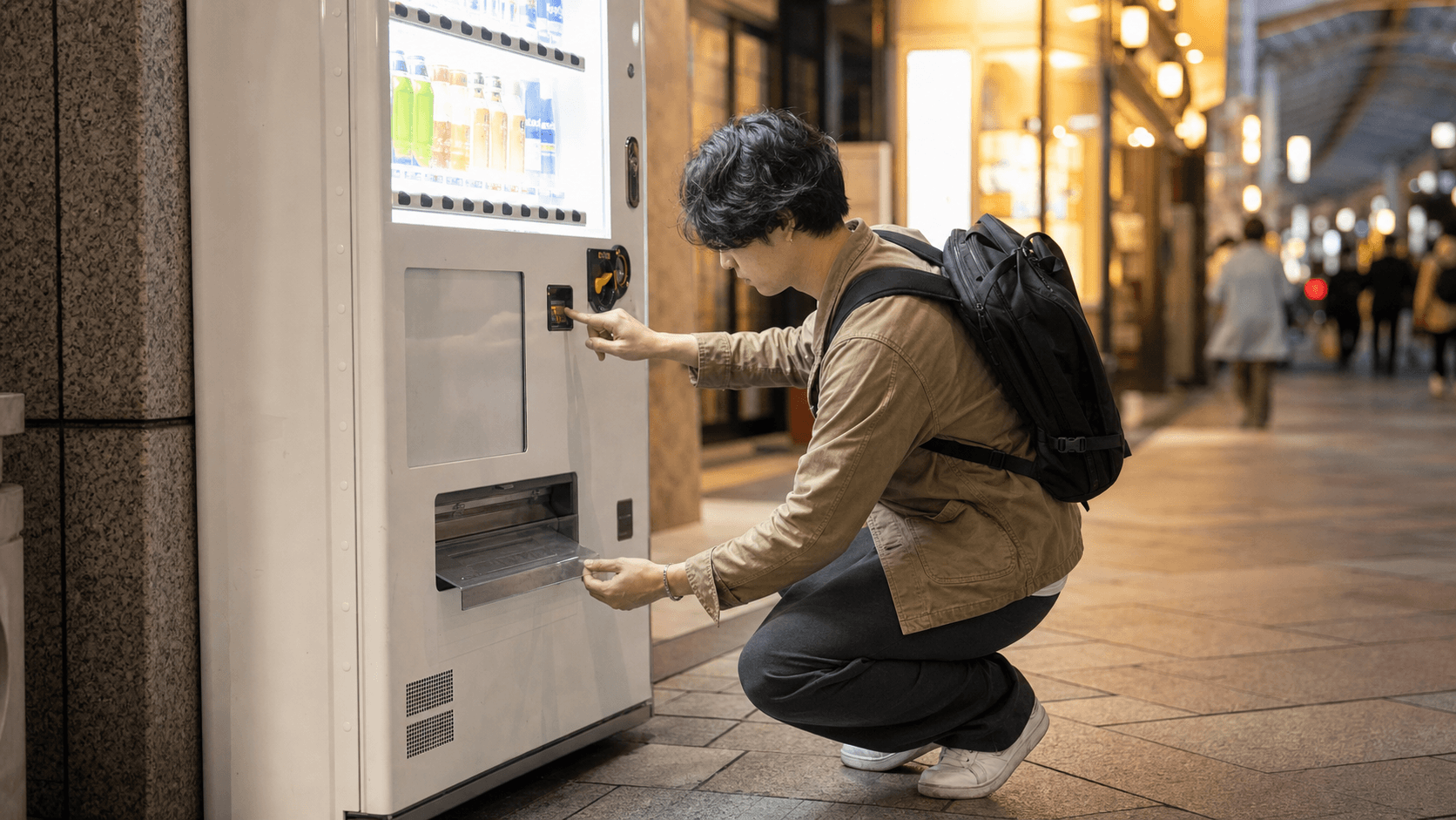 A traveler checking the coin return tray after a vending machine rejects payment