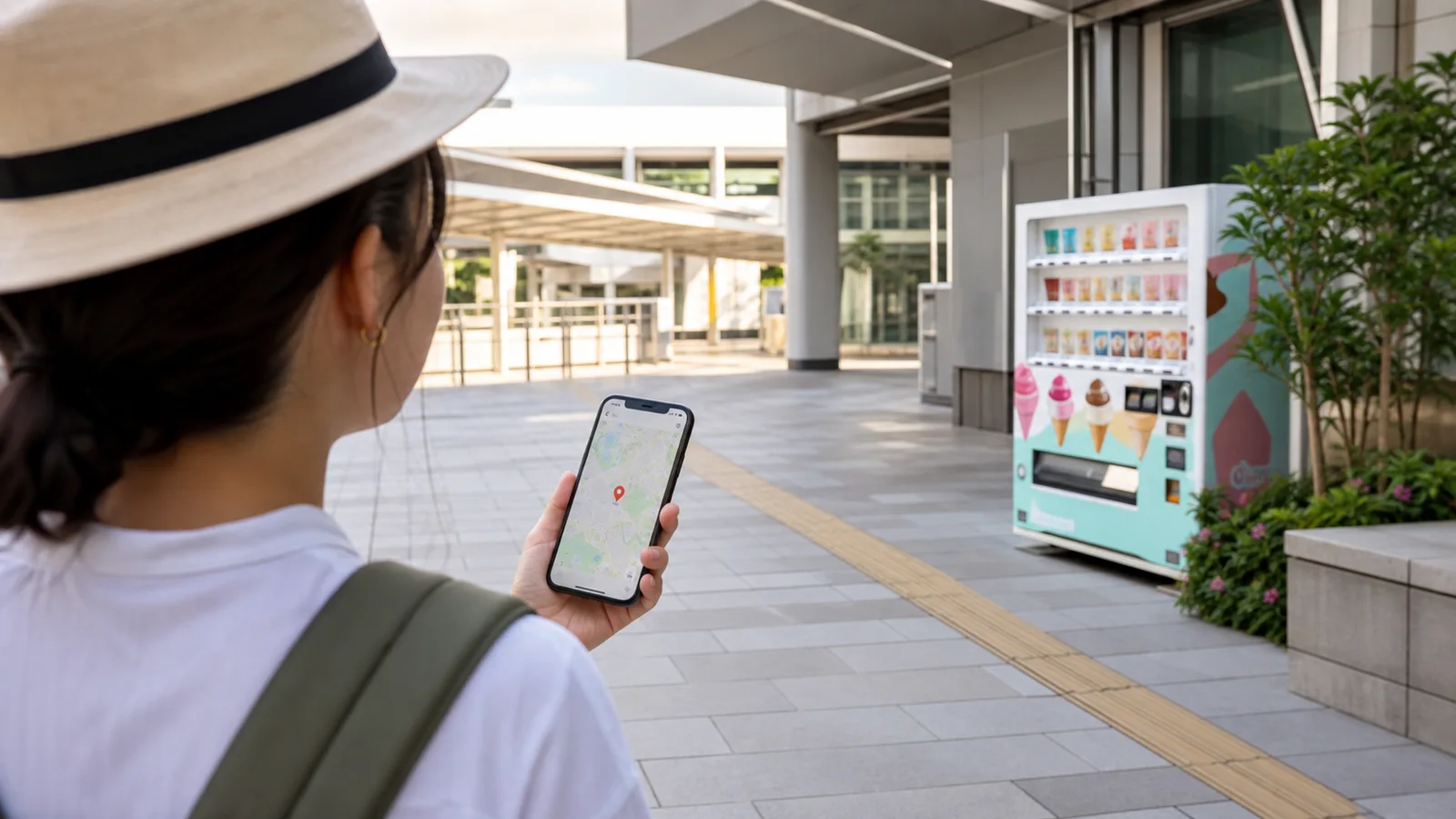 A traveler using a map to locate an ice cream vending machine along a public route in Japan