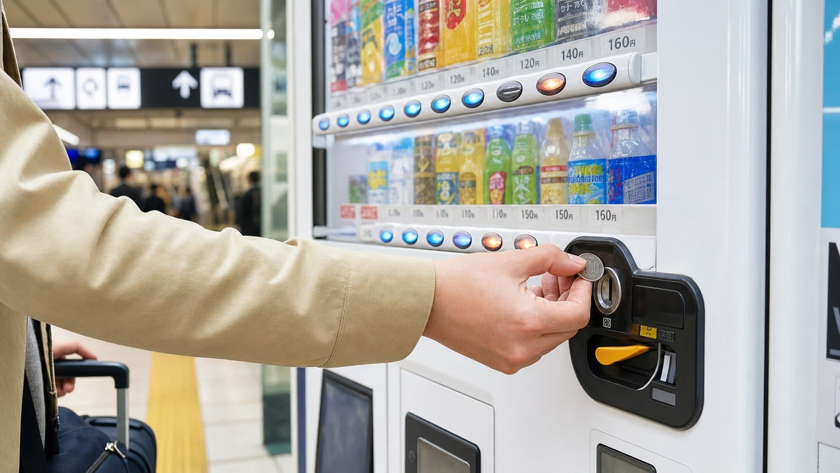 A first-time visitor buying a drink from a Japanese vending machine