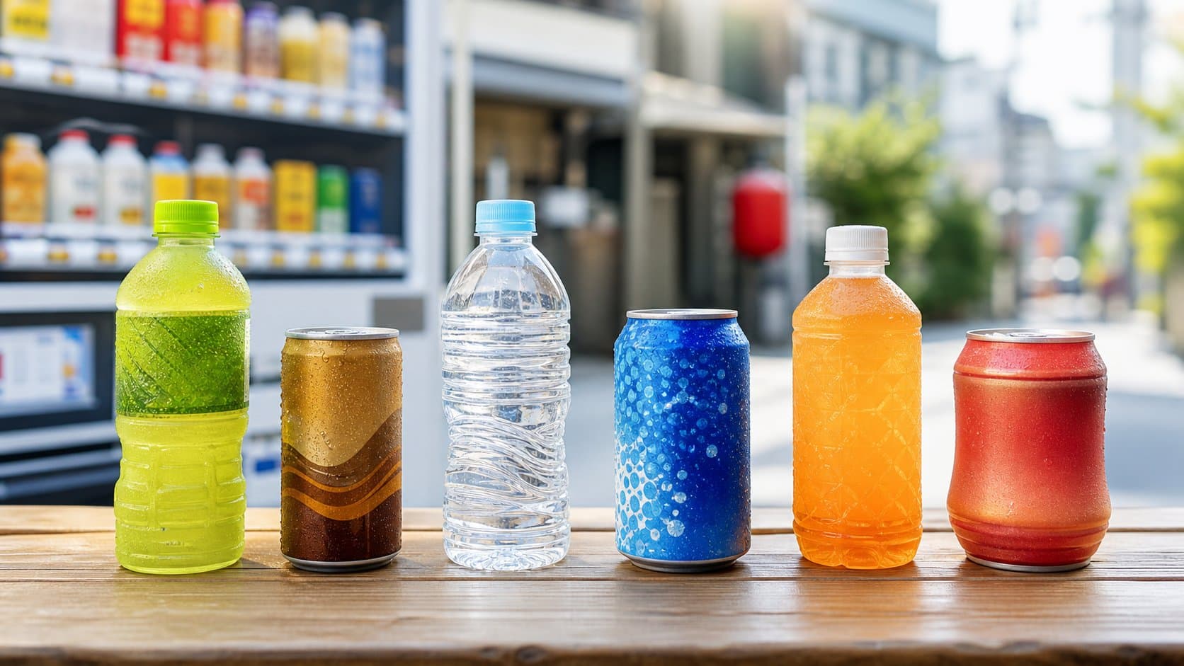 A selection of tea, coffee, water and soft drinks beside a Japanese vending machine