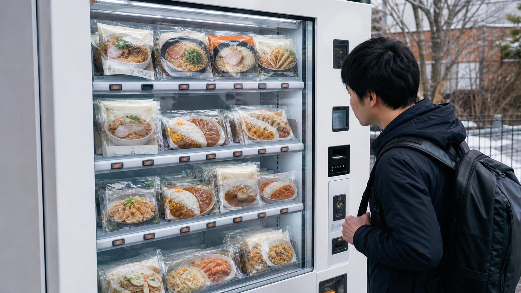 A traveler viewing frozen ramen, curry and other packaged meals in a Japanese food vending machine