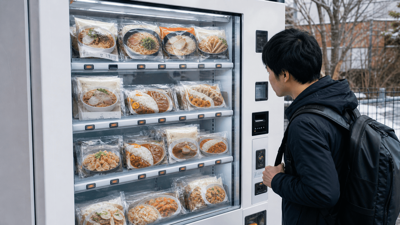 A traveler viewing frozen ramen, curry and other packaged meals in a Japanese food vending machine