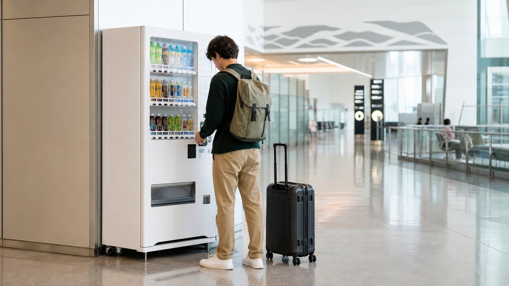 A traveler using a beverage vending machine in a modern Japanese airport terminal