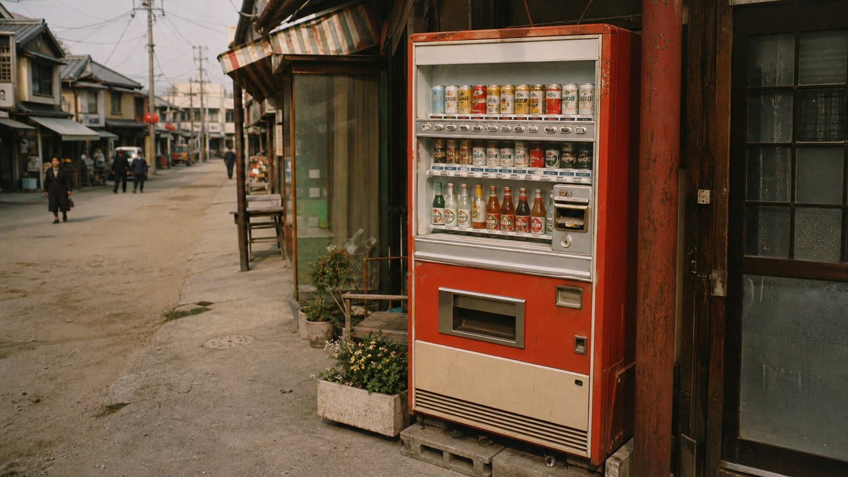 A vintage Japanese beverage vending machine in a late Showa-era streetscape