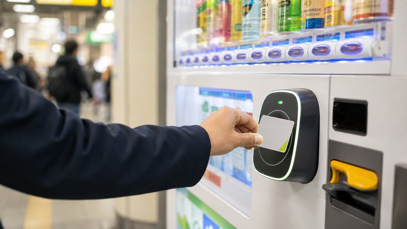 A traveler tapping a generic transit IC card on a Japanese vending machine reader