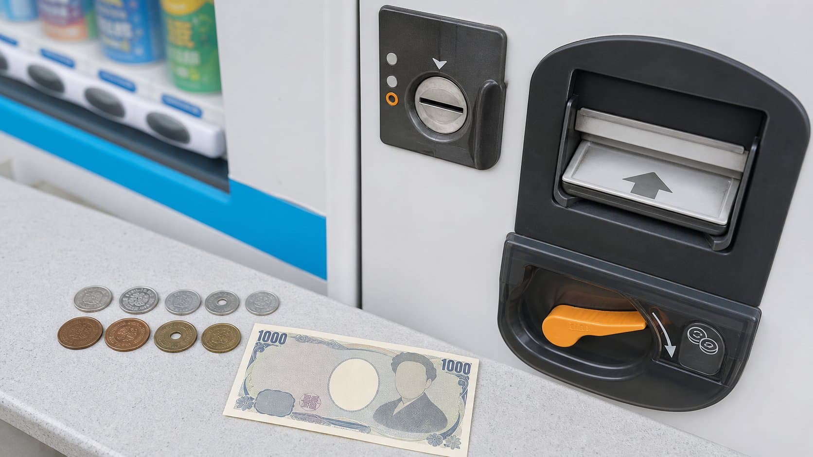 Japanese-style coins and a generic note beside a vending machine payment panel