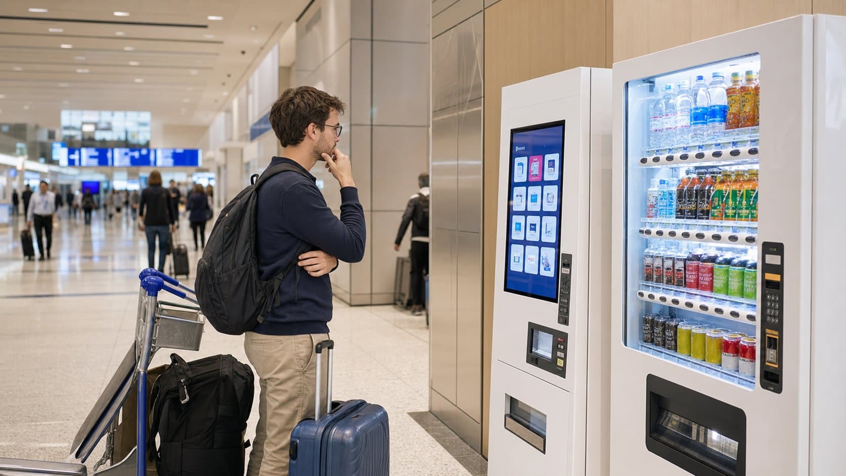 An arriving traveler comparing vending options in a Japanese airport terminal