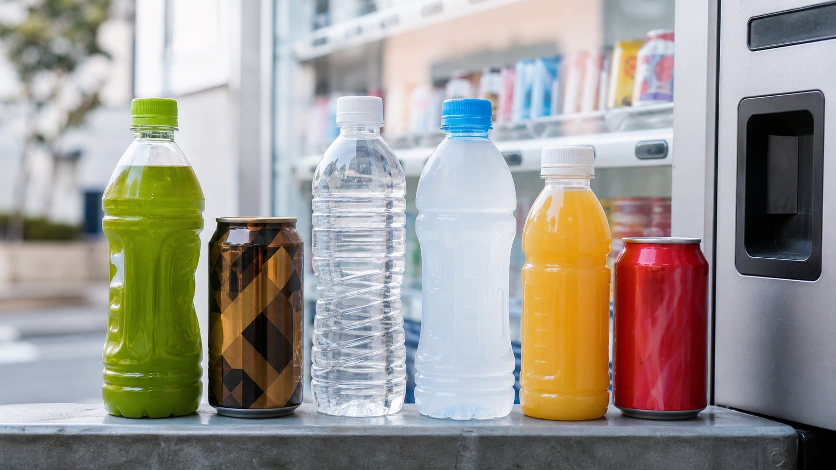 Common vending machine drink categories including tea, coffee, water, sports drink, juice and soda