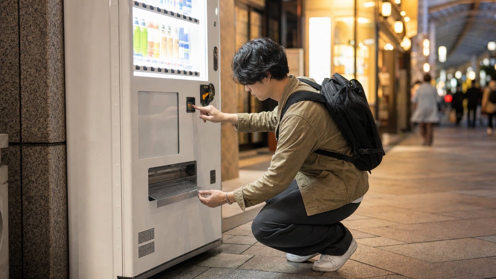 A traveler checking the coin return tray after a vending machine rejects payment