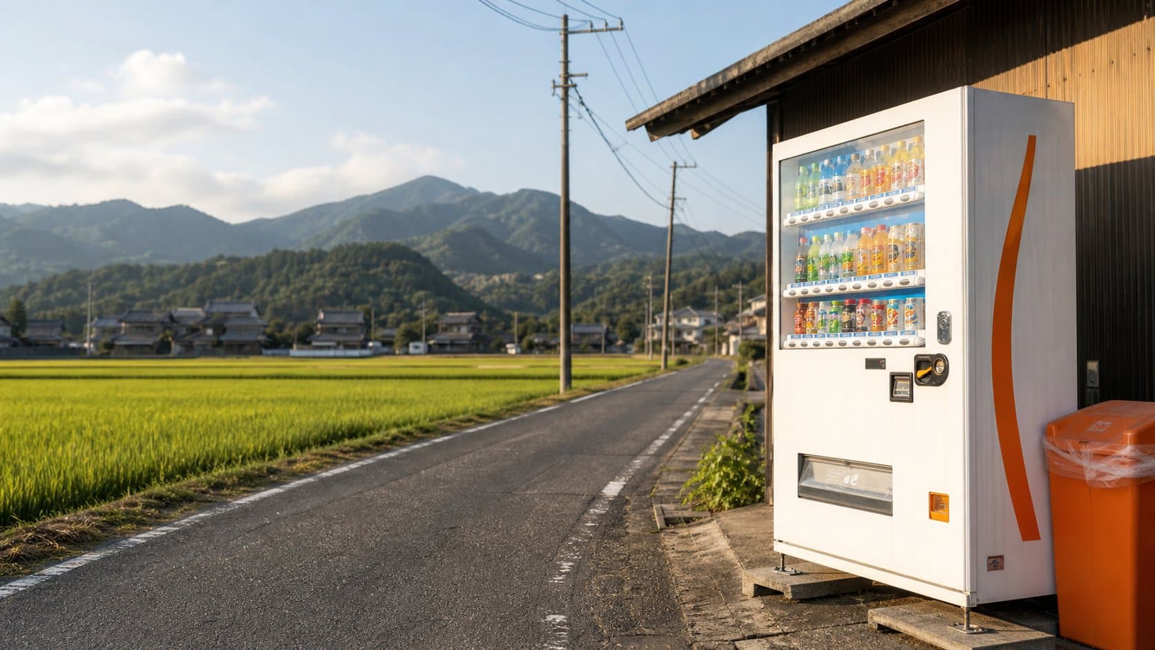 A beverage vending machine beside a quiet rural road and rice fields in Japan