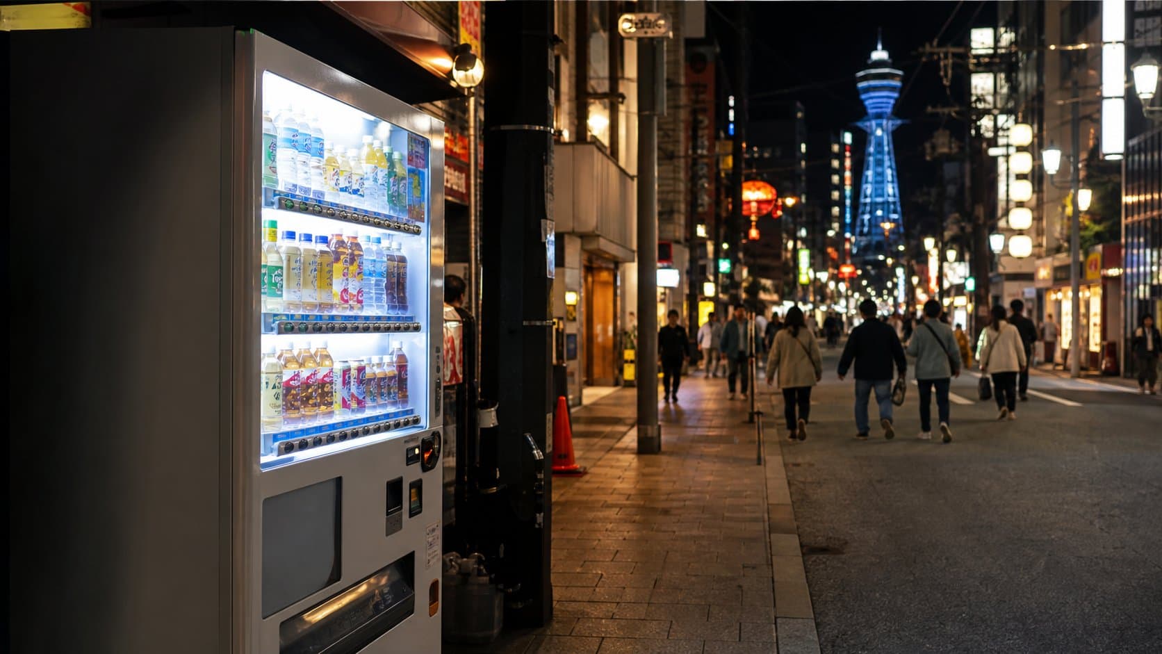 A brightly lit vending machine on a visible Osaka street at night