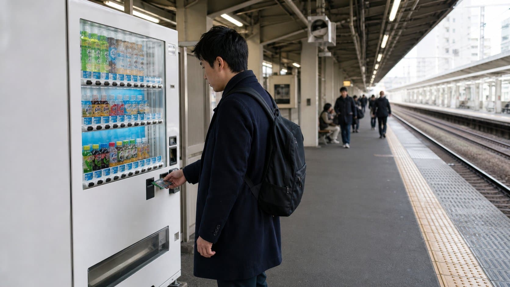 A commuter using a transit card at a vending machine on a Japanese train platform