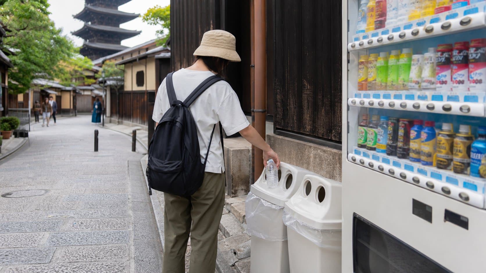 A traveler recycling a bottle without blocking a vending machine in Kyoto