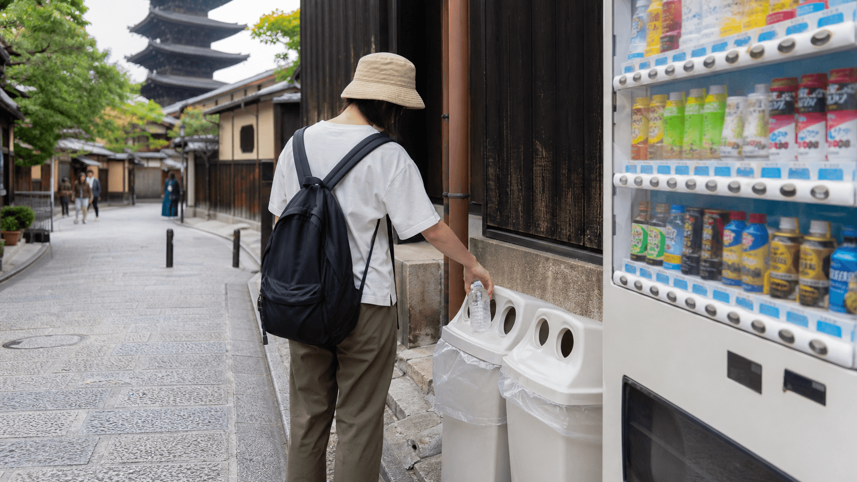 A traveler recycling a bottle without blocking a vending machine in Kyoto