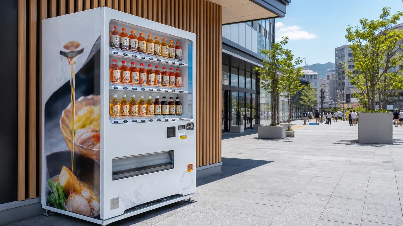 Editorial image of a bottled dashi vending machine at a Takamatsu retail complex